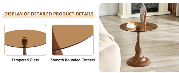 English Elm Small Round Metal Side Table Tempered Glass Top Vintage Industrial Accent for Bedroom Walnut W1512P514818
