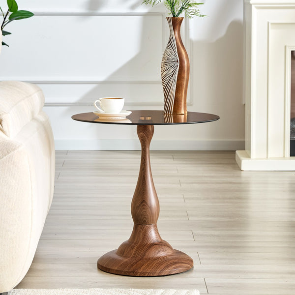 English Elm Small Round Metal Side Table Tempered Glass Top Vintage Industrial Accent for Bedroom Walnut W1512P514818