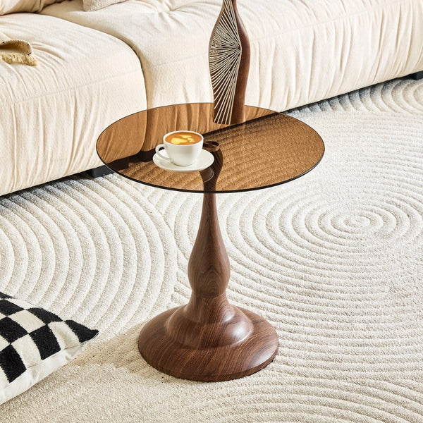 English Elm Small Round Metal Side Table Tempered Glass Top Vintage Industrial Accent for Bedroom Walnut W1512P514818