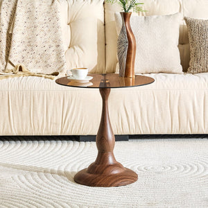 English Elm Small Round Metal Side Table Tempered Glass Top Vintage Industrial Accent for Bedroom Walnut W1512P514818