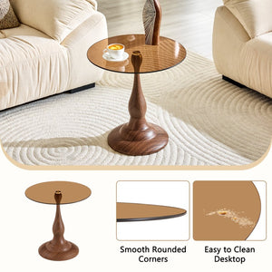English Elm Small Round Metal Side Table Tempered Glass Top Vintage Industrial Accent for Bedroom Walnut W1512P514818