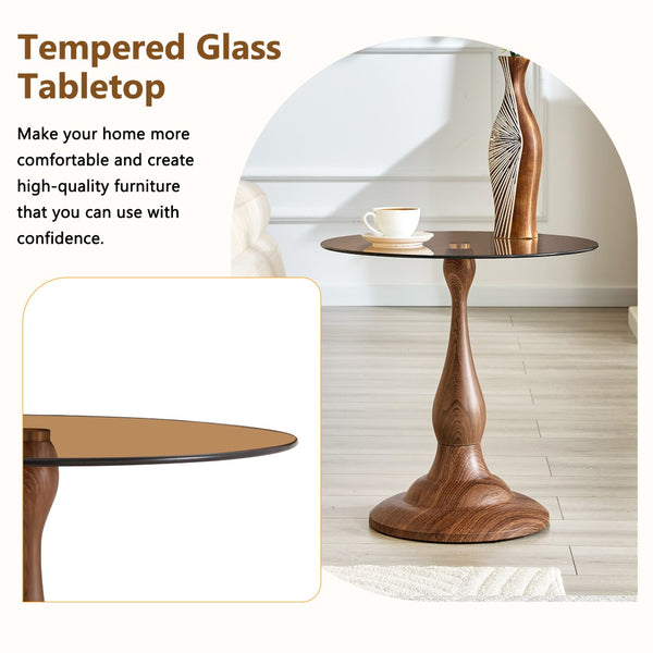 English Elm Small Round Metal Side Table Tempered Glass Top Vintage Industrial Accent for Bedroom Walnut W1512P514818