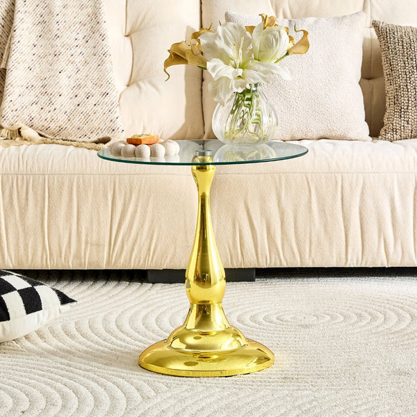 English Elm Small Round Metal Side Table Tempered Glass Top Vintage Industrial Accent for Bedroom Gold W1512P514848