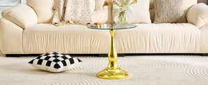 English Elm Small Round Metal Side Table Tempered Glass Top Vintage Industrial Accent for Bedroom Gold W1512P514848