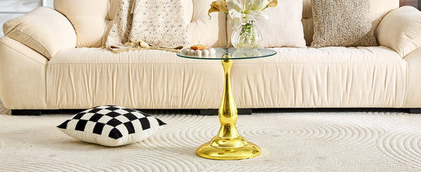 English Elm Small Round Metal Side Table Tempered Glass Top Vintage Industrial Accent for Bedroom Gold W1512P514848