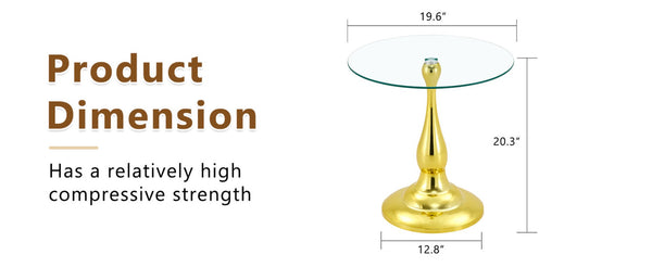 English Elm Small Round Metal Side Table Tempered Glass Top Vintage Industrial Accent for Bedroom Gold W1512P514848