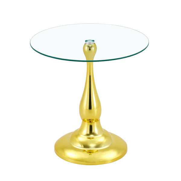 English Elm Small Round Metal Side Table Tempered Glass Top Vintage Industrial Accent for Bedroom Gold W1512P514848