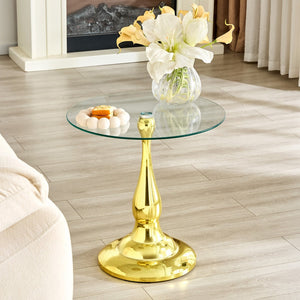 English Elm Small Round Metal Side Table Tempered Glass Top Vintage Industrial Accent for Bedroom Gold W1512P514848