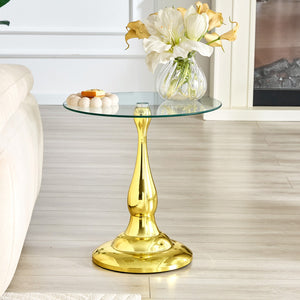 English Elm Small Round Metal Side Table Tempered Glass Top Vintage Industrial Accent for Bedroom Gold W1512P514848
