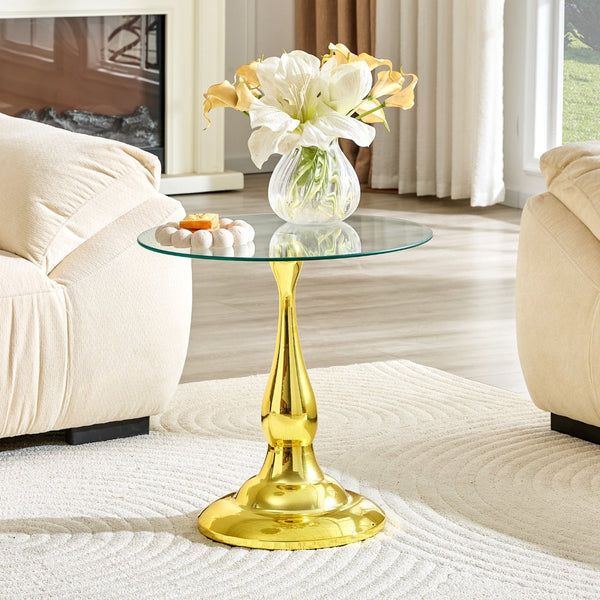 English Elm Small Round Metal Side Table Tempered Glass Top Vintage Industrial Accent for Bedroom Gold W1512P514848