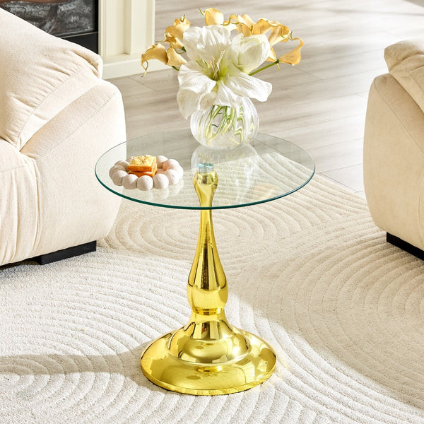 English Elm Small Round Metal Side Table Tempered Glass Top Vintage Industrial Accent for Bedroom Gold W1512P514848