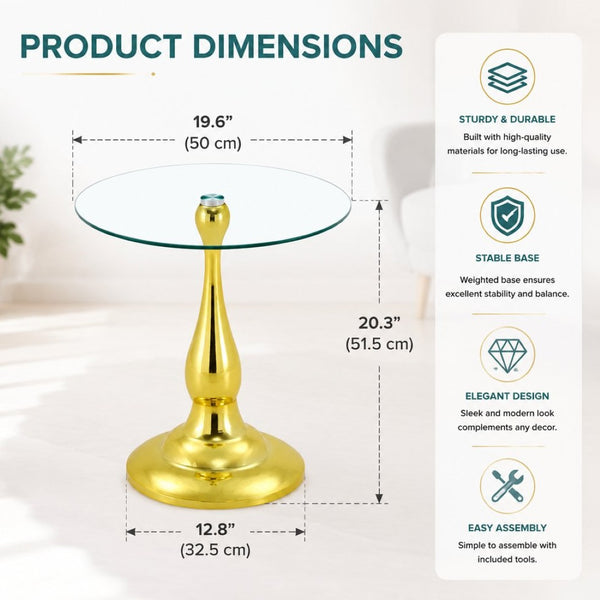 English Elm Small Round Metal Side Table Tempered Glass Top Vintage Industrial Accent for Bedroom Gold W1512P514848