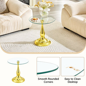 English Elm Small Round Metal Side Table Tempered Glass Top Vintage Industrial Accent for Bedroom Gold W1512P514848