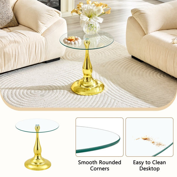 English Elm Small Round Metal Side Table Tempered Glass Top Vintage Industrial Accent for Bedroom Gold W1512P514848