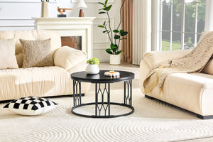 English Elm Black Round MDF Coffee Table Industrial Diamond Openwork Steel Legs Living Room W1512P514881