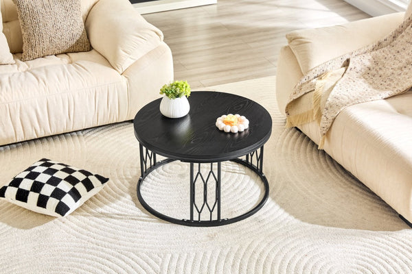 English Elm Black Round MDF Coffee Table Industrial Diamond Openwork Steel Legs Living Room W1512P514881