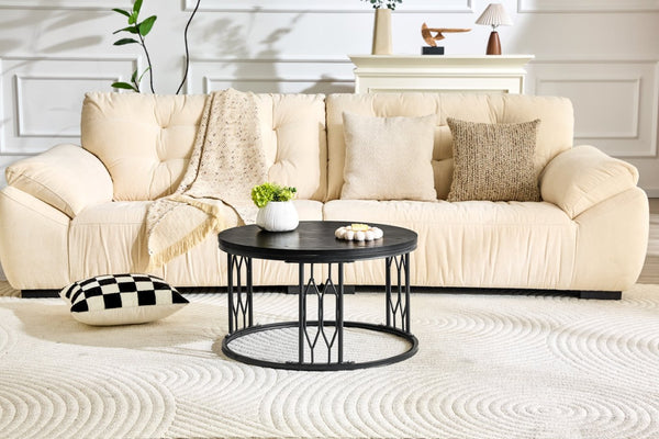 English Elm Black Round MDF Coffee Table Industrial Diamond Openwork Steel Legs Living Room W1512P514881