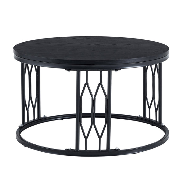 English Elm Black Round MDF Coffee Table Industrial Diamond Openwork Steel Legs Living Room W1512P514881