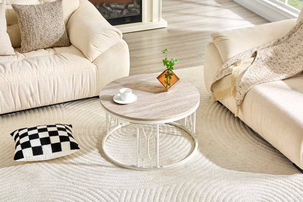 English Elm Round Faux Travertine MDF Coffee Table with Openwork Metal Legs for Living Room W1512P514899
