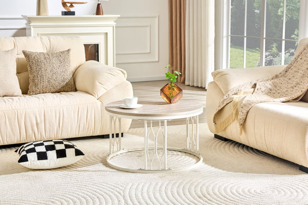 English Elm Round Faux Travertine MDF Coffee Table with Openwork Metal Legs for Living Room W1512P514899