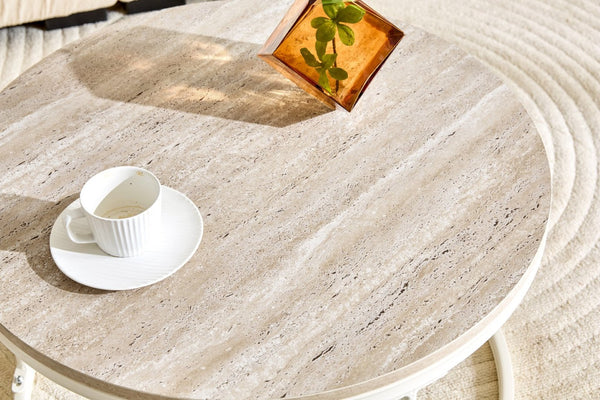 English Elm Round Faux Travertine MDF Coffee Table with Openwork Metal Legs for Living Room W1512P514899