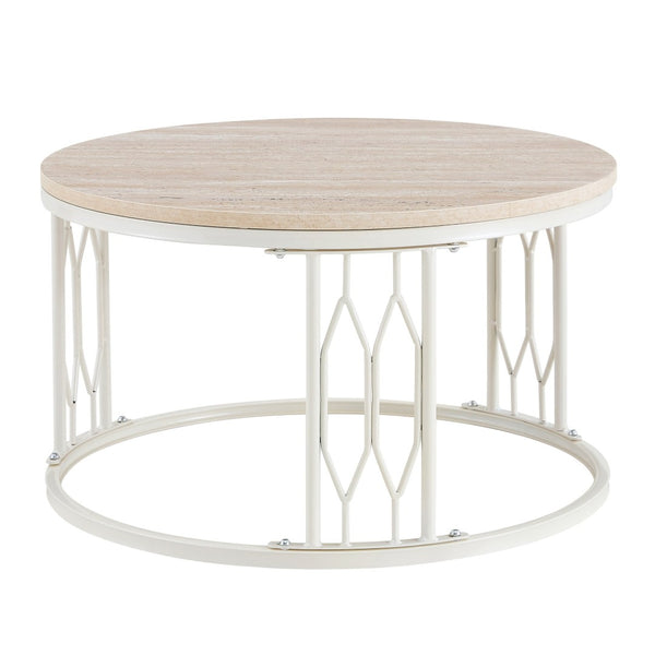 English Elm Round Faux Travertine MDF Coffee Table with Openwork Metal Legs for Living Room W1512P514899