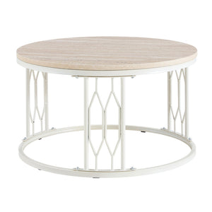 English Elm Round Faux Travertine MDF Coffee Table with Openwork Metal Legs for Living Room W1512P514899