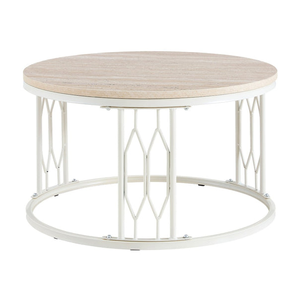 English Elm Round Faux Travertine MDF Coffee Table with Openwork Metal Legs for Living Room W1512P514899