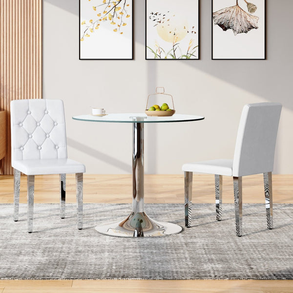 English Elm 2-Pack PU Leather Dining Chairs with Buckle Backrest and Silver Legs for Modern White+Silver W1512P518330