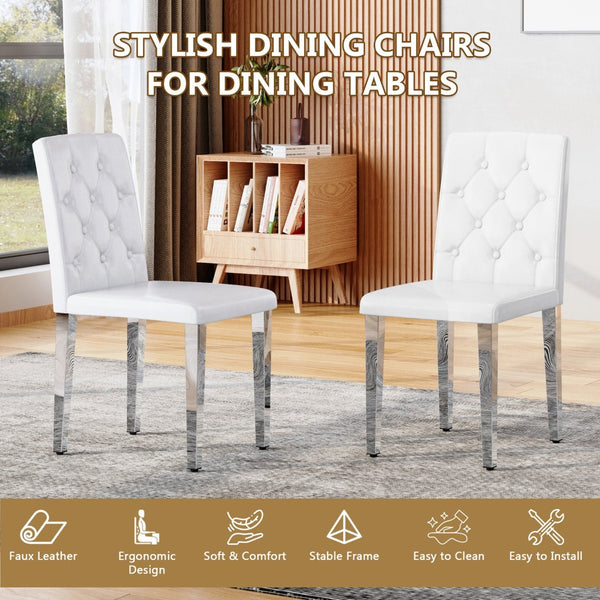 English Elm 2-Pack PU Leather Dining Chairs with Buckle Backrest and Silver Legs for Modern White+Silver W1512P518330