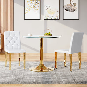 English Elm 2-Pack PU Leather Dining Chairs with Buckle Backrest and Silver Legs for Modern White+Gold W1512P518936
