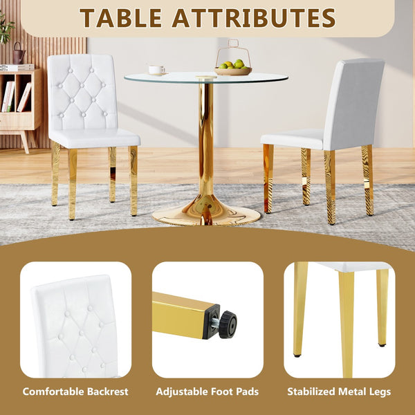 English Elm 2-Pack PU Leather Dining Chairs with Buckle Backrest and Silver Legs for Modern White+Gold W1512P518936
