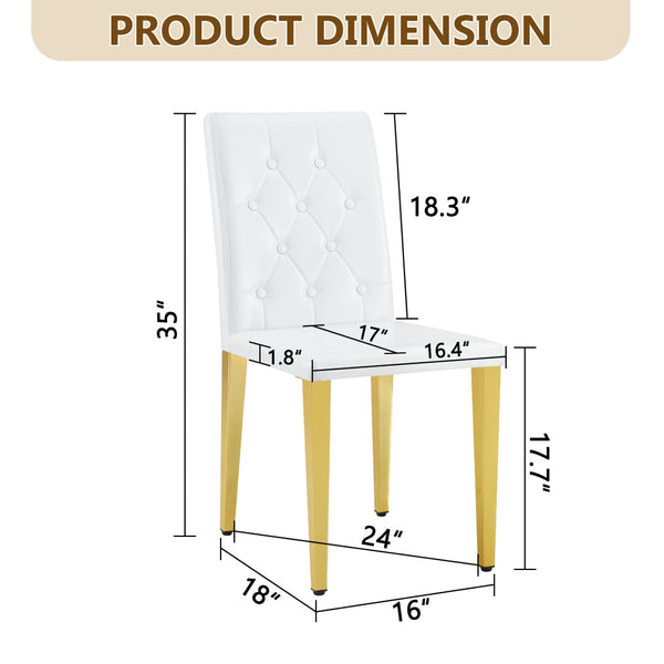 English Elm 2-Pack PU Leather Dining Chairs with Buckle Backrest and Silver Legs for Modern White+Gold W1512P518936