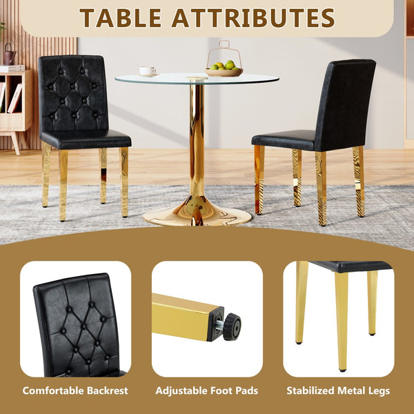 English Elm 2-Pack PU Leather Dining Chairs Buckle Backrest Golden Legs Modern Banquet Seating Black+Gold W1512P518951