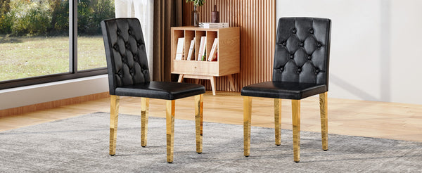 English Elm 2-Pack PU Leather Dining Chairs Buckle Backrest Golden Legs Modern Banquet Seating Black+Gold W1512P518951