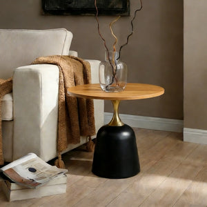 English Elm 23.6 Inch Round Side Table Wood Grain Top Metal Base Nordic Modern Living Room Accent Wood W1512P523856