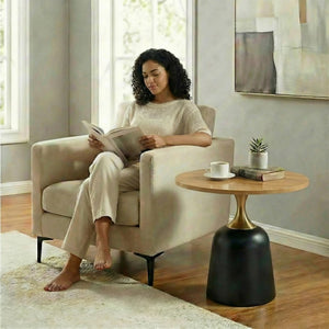 English Elm 23.6 Inch Round Side Table Wood Grain Top Metal Base Nordic Modern Living Room Accent Wood W1512P523856