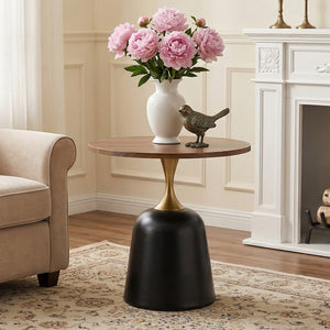 English Elm 23.6 Inch Round Side Table Wood Grain Top Metal Base Nordic Modern Living Room Accent Walnut W1512P523859