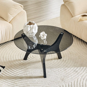 English Elm 31.5" Round Tempered Glass Coffee Table Mid-century Mdf Base for Modern Living Rooms Black Wood Grain W1512P525771