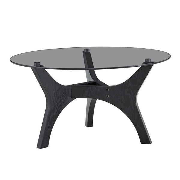 English Elm 31.5" Round Tempered Glass Coffee Table Mid-century Mdf Base for Modern Living Rooms Black Wood Grain W1512P525771