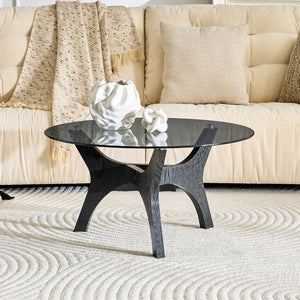 English Elm 31.5" Round Tempered Glass Coffee Table Mid-century Mdf Base for Modern Living Rooms Black Wood Grain W1512P525771