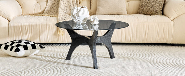 English Elm 31.5" Round Tempered Glass Coffee Table Mid-century Mdf Base for Modern Living Rooms Black Wood Grain W1512P525771