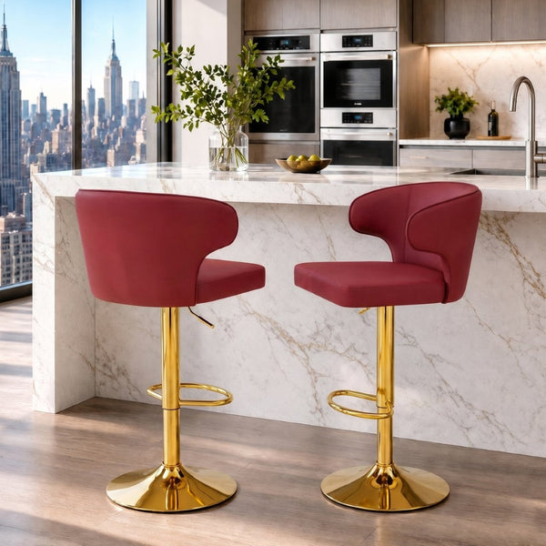 English Elm Modern Swivel Barstool Set of Two Pu Leather High Back Counter Height Seating Gold + Red W1512P531429