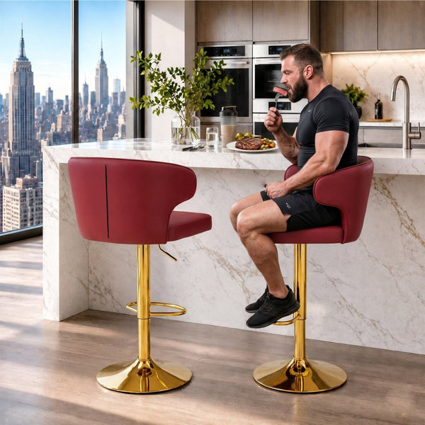 English Elm Modern Swivel Barstool Set of Two Pu Leather High Back Counter Height Seating Gold + Red W1512P531429