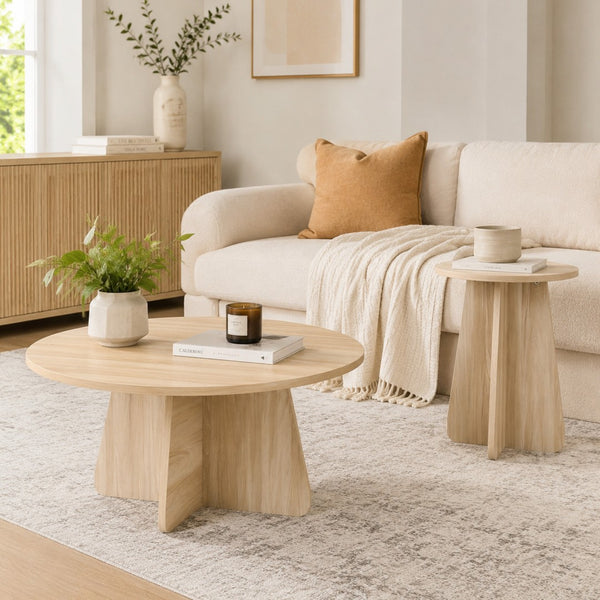 English Elm Retro-style Round Nesting Tables Mid-century Crisscross Legs Mdf Living Room Set Natural W1512P537604