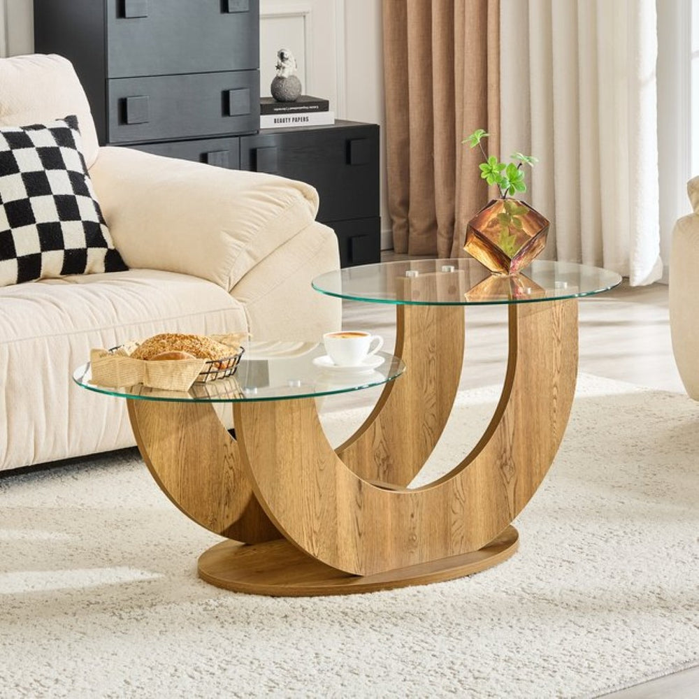 English Elm Creative Dual Tier Tempered Glass Coffee Table with Sculpted Mdf Base for Modern Living Transparent, Wood W1512P537606