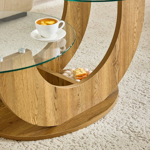 English Elm Creative Dual Tier Tempered Glass Coffee Table with Sculpted Mdf Base for Modern Living Transparent, Wood W1512P537606