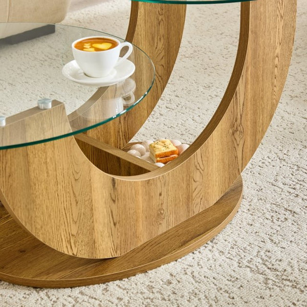 English Elm Creative Dual Tier Tempered Glass Coffee Table with Sculpted Mdf Base for Modern Living Transparent, Wood W1512P537606