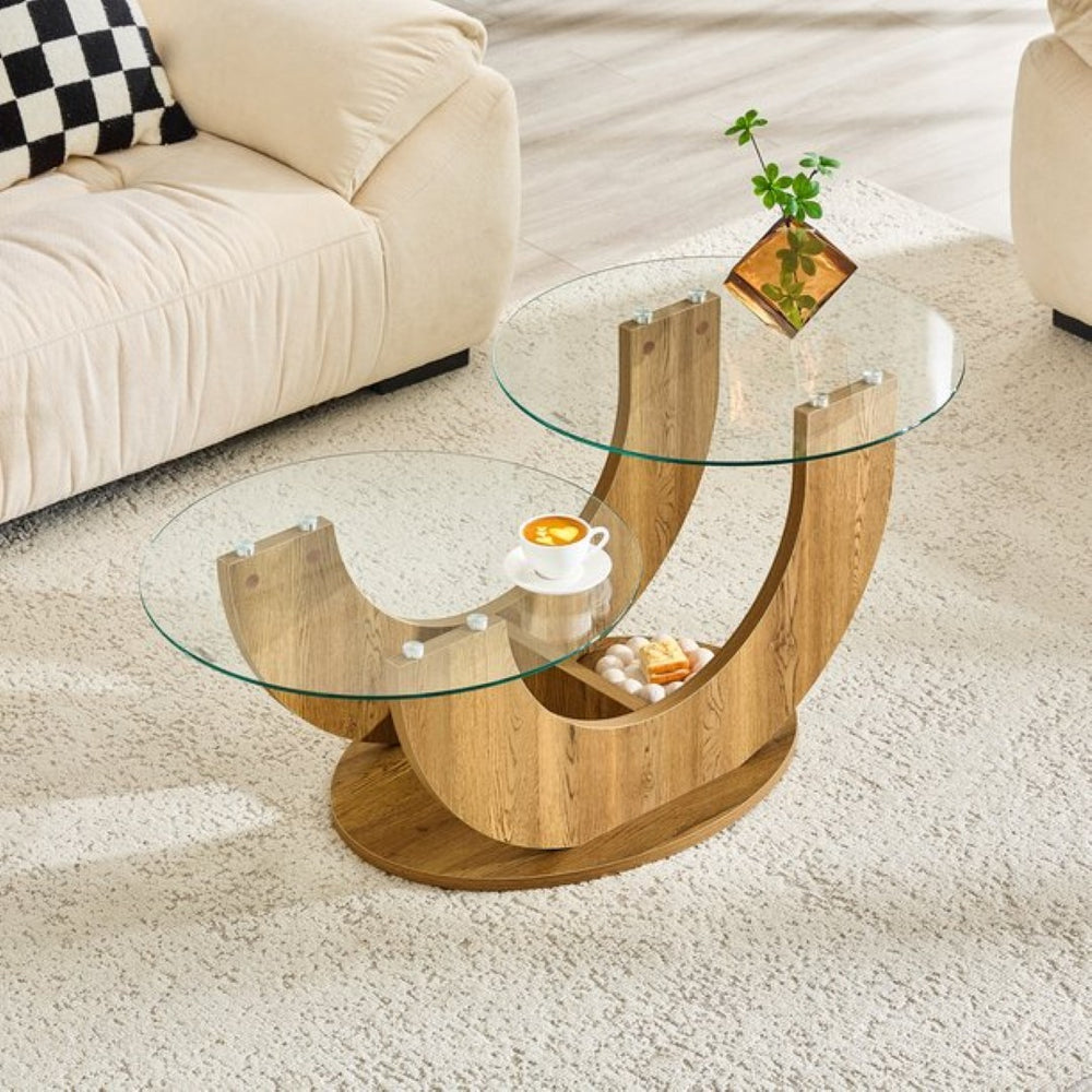 English Elm Creative Dual Tier Tempered Glass Coffee Table with Sculpted Mdf Base for Modern Living Transparent, Wood W1512P537606