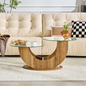 English Elm Creative Dual Tier Tempered Glass Coffee Table with Sculpted Mdf Base for Modern Living Transparent, Wood W1512P537606